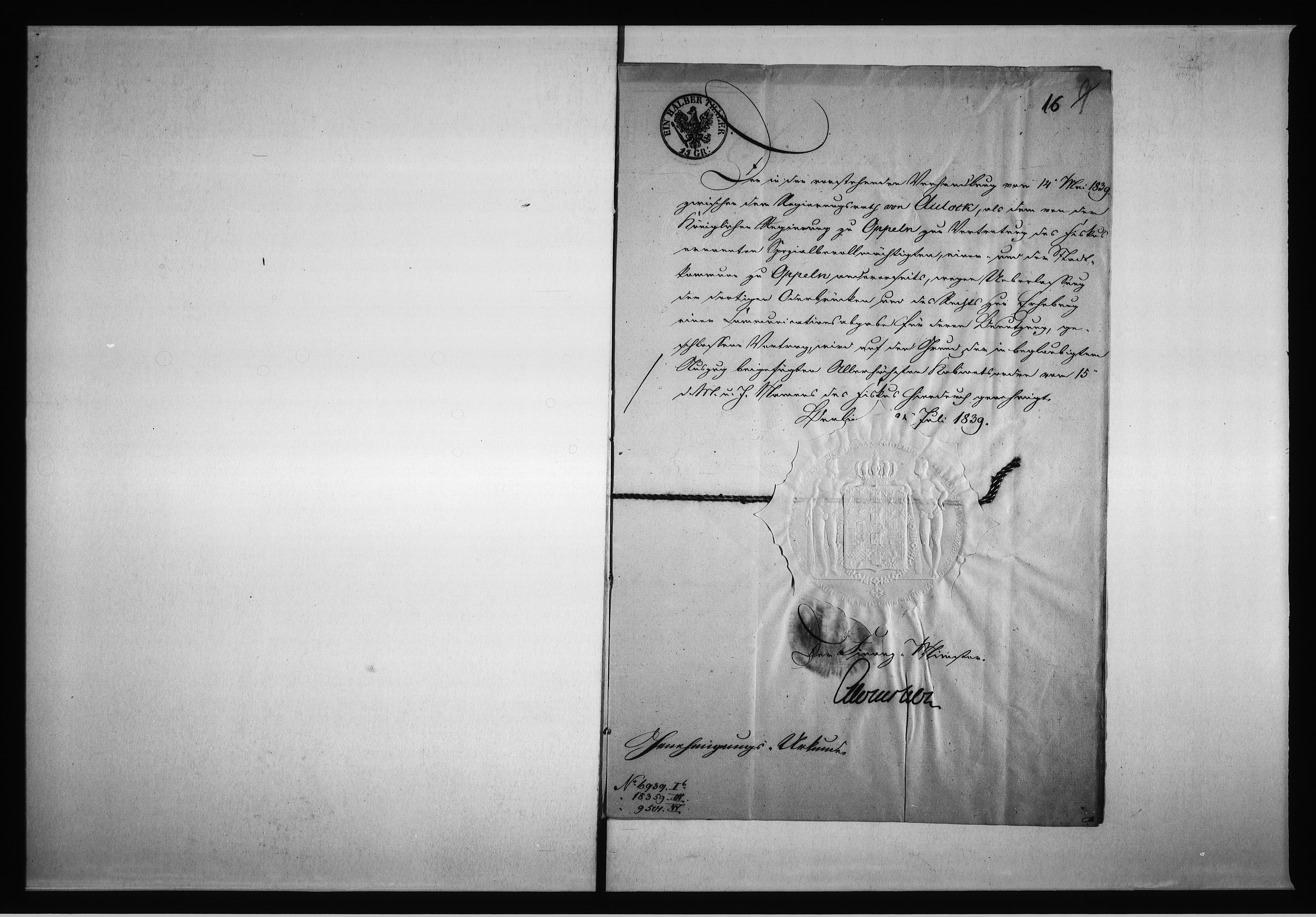 Obraz 14 z jednostki "Gerichtlich unterm 14 ten Mai 1839 abgeschlossener Ablösungs-Vertrag über die Oderbrückenzoll Gerechtigkeit et" Ordre v. 7 te August" 1839 ad Depositum genommen Richter Kamer. Unterm 8 ten "Juni 41" zu v Einsicht heraus genommen Frochlich Richter Unterm 17 te Juni 41. wieder ad Depositum Frochlich Richter"