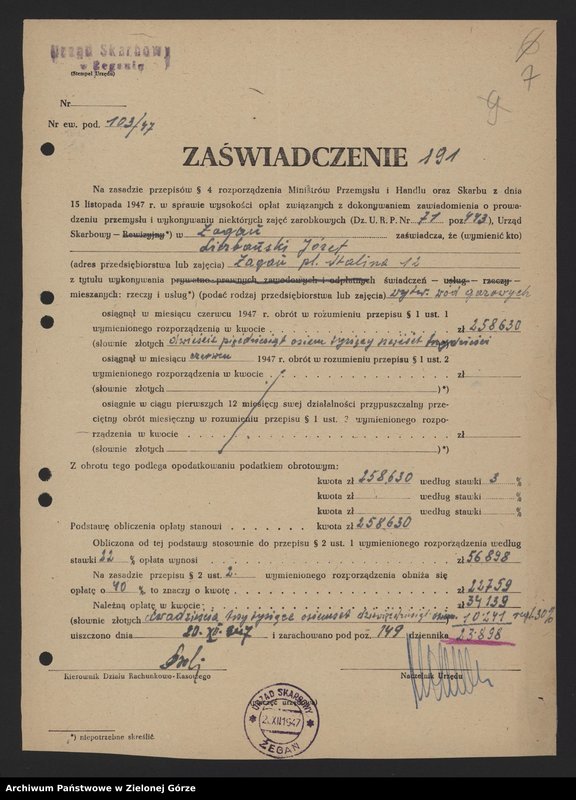 Obraz 9 z jednostki "Rozlewnia i wytwórnia wód gazowanych - J. Liczbański w Żaganiu - zawiadomienia, karta repatriacyjna , zgłoszenie prowadzenia działalności gospodarczej"