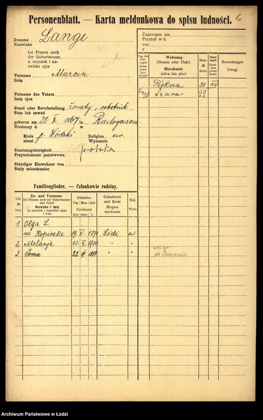 Obraz 8 z jednostki "[Spis ludności Łodzi] Lange - Langner"