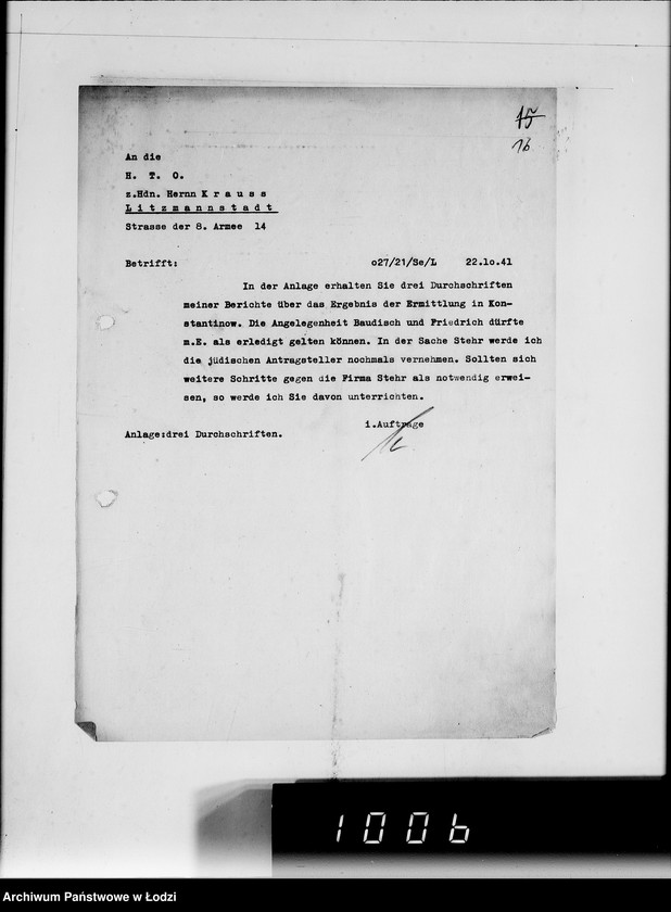 Obraz 18 z jednostki "H.T.O. [Korespondencja z Haupttreuhandstelle Ost w sprawach finansowych oraz majątku żydowskiego]"