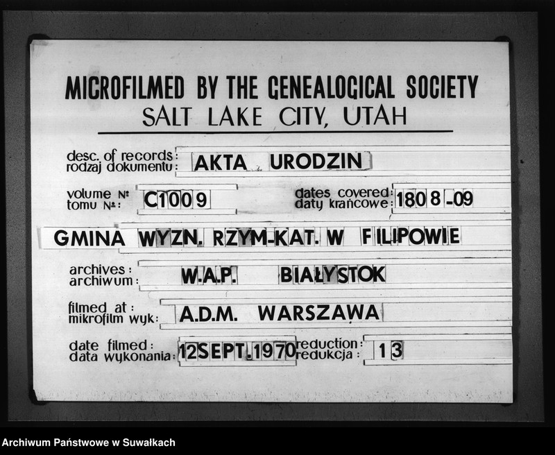 image.from.unit.number "Księgi Aktów Stanu Cywilnego Urodzonych Gminy i Parafij Filipowskiey Powiatu Seynenskiego Departamentu Łomżyńskiego od dnia pierwszego Maja Roku Tysięcznego Osiemsetnego Osmego do ostatniego dnia kwietnia Roku Tysięcznego osiemsetnego dziewiątego."