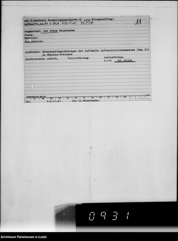 Obraz 13 z jednostki "Amt für Vewaltungsaufgaben der Luftwaffe Kriegsauftrag 49/41 A.z.V.100 Kohlenschaufeln. 200 Feuerhaken"