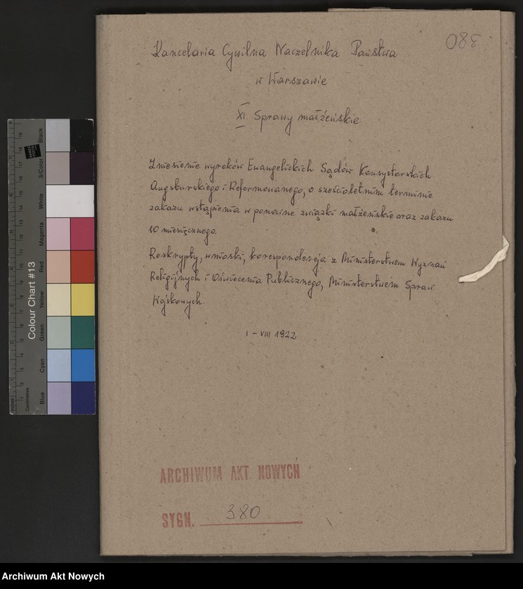 image.from.unit.number "Zniesienie wyroków Ewangelickich Sądów Konsystorskich: Augsburskiego i Reformowanego, o sześcioletnim terminie zakazu wstąpienia w ponowne związki małżeńskie oraz zakazu 10 miesięcznego.Reskrypty Naczelnika Państwa, wnioski, korespondencja z Min. Wyznań Religijnych i Oświecenia Publicznego"