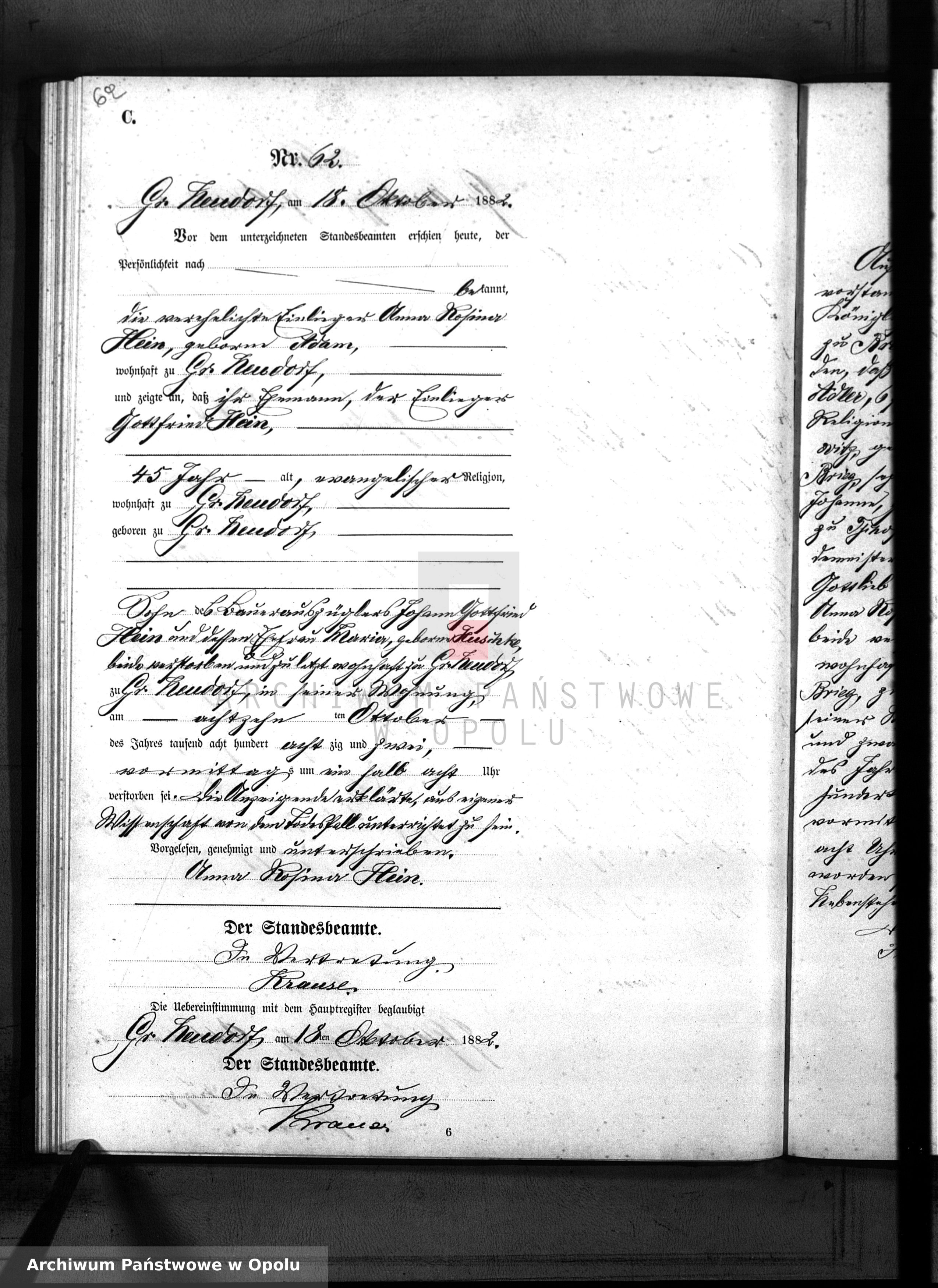 Skan z jednostki: Sterbe-Neben-Register Standes-Amt Gross Neudorf 1882