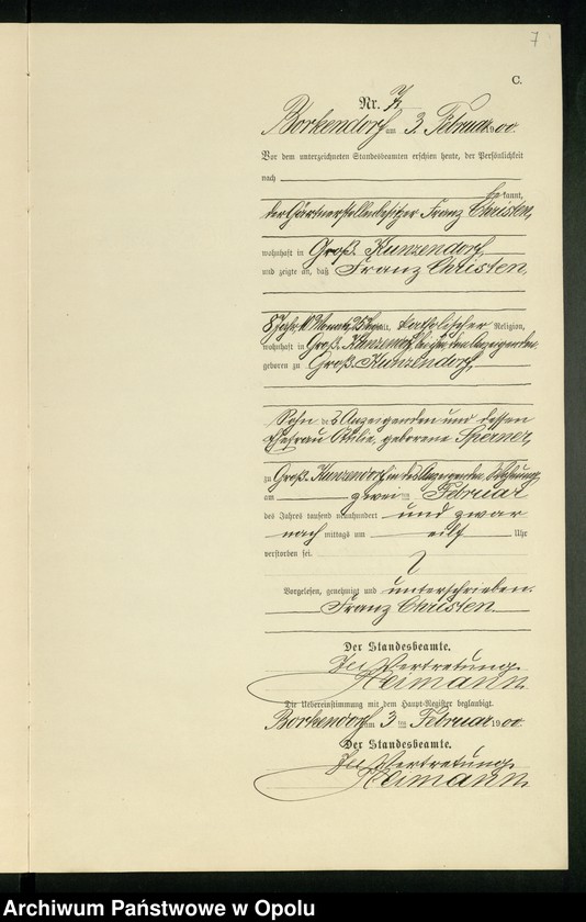 Obraz 11 z jednostki "Sterbe-Neben-Register des Standesamts Borkendorf pro 1900"