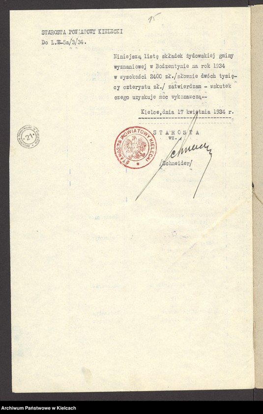 image.from.unit.number "Lista składek gminy wyznaniowej żydowskiej w Bodzentynie na 1934 r"