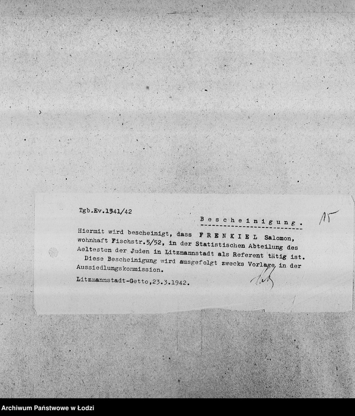 Obraz 18 z jednostki "[Kopie zaświadczeń dla pracowników Wydziałów Ewidencji o zatrudnieniu, wysokości poborów, potrąceniach za komorne, przydziałach żywnościowych i inne]"