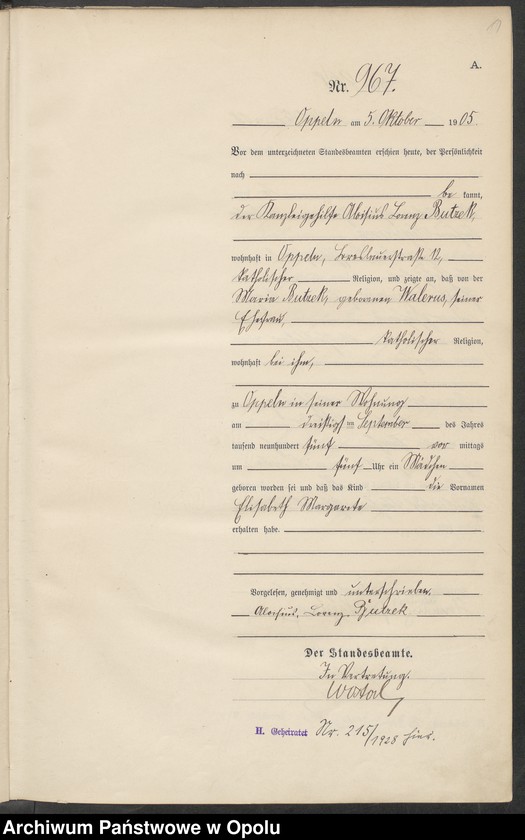 Obraz 15 z jednostki "Urząd Stanu Cywilnego w Opolu 1905 Rejestr Urodzeń miejscowa Nr 958 do 1287"