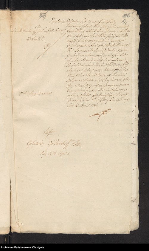 image.from.unit.number "In S. [Sache] der Pfandsbesitzern Johann v. [von] Pokrzywnicki und deßen Ehegathin Caroline Eleonore geboren von Zabienski wegen des zum alleinigen Eigenthum an sie abgetretenen Antheils F im adl. [adeliche] Allodial Gut Lomnau [Łomno] Haupt Amts Neidenburg [Nidzica] bestehend aus 1 Hube 11 Morgen 15 R. [Rute]"