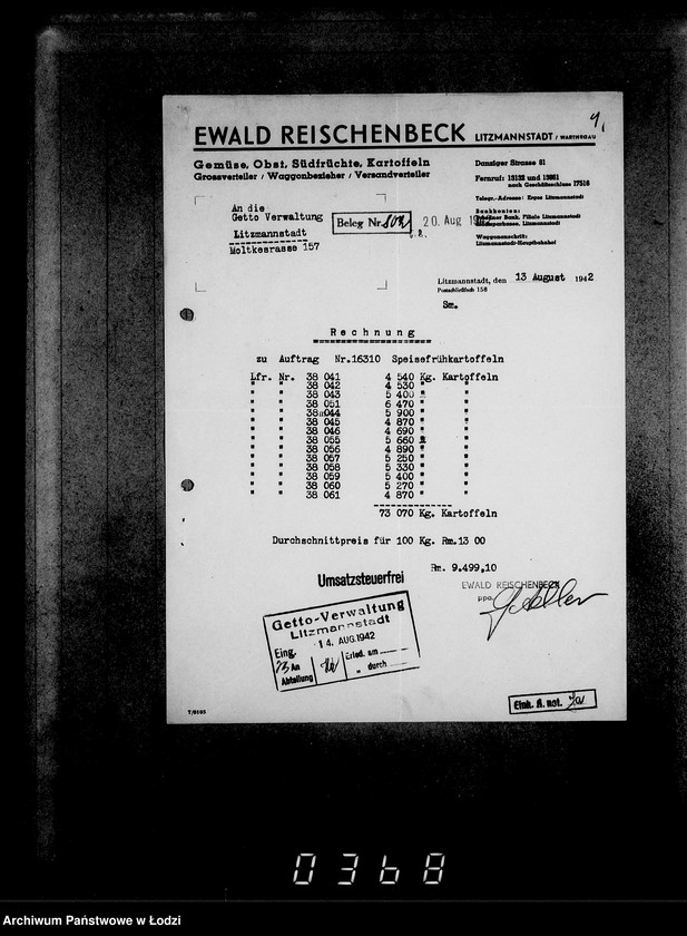 Obraz 8 z jednostki "Aufträge, [Lieferscheinen und Rechnungen] 16251-16310 [Dostawa żywności do Getta]"
