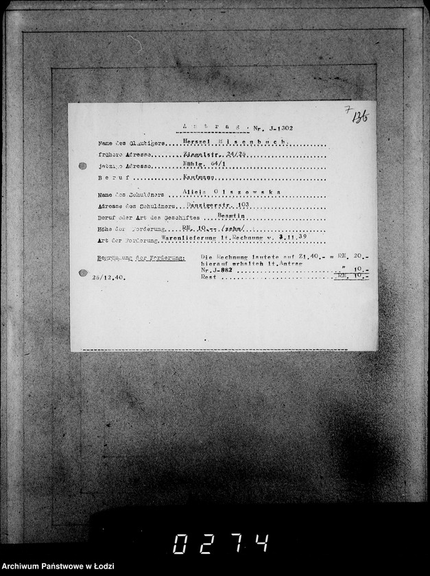 Obraz 11 z jednostki "J[uden] 1301-1320. [Wnioski Żydów z Getta o zwrot należności za towary wzięte na kredyt]"