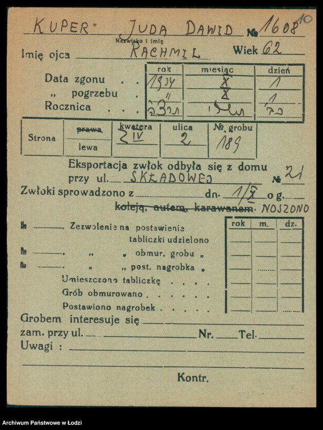 Obraz 11 z jednostki "Kartoteka osób pochowanych na cmentarzu żydowskim przy ulicy Brackiej w latach 1892-1956. Nazwiska na litery: Kup-Kz"