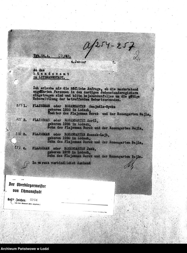 Obraz 5 z jednostki "[Korespondencja wychodząca i przychodząca z wydziałami getta, z niemieckimi urzędami i innymi gettami żydowskimi. Sprawy personalne, meldunkowe mieszkańców getta. Sprawy wewnętrzne Wydziałów Ewidencji]"