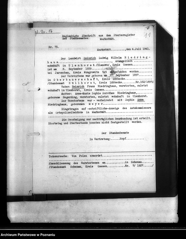 Obraz 16 z jednostki "Wykazy miejscowych Niemców, którzy zginęli w 1939 roku. Kreis Wongrowitz (Wągrowiec)"