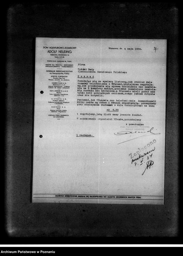 Obraz 11 z jednostki "Korespondencja z firmami: Tadeusz Drozdowski i Spółka z ograniczoną odpowiedzialnością oraz Dom Agentowo-Komisowy Adolf Neuding w sprawi maszyn i części linotypowych"