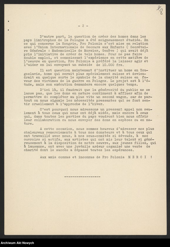 image.from.unit.number "Pro Polonia. Oeuvre suisse de secours aux Polonia victimes de la guerra; Załączniki: 1) Biuletyny Nr Nr 1,2,3; 2) Apel; 3) Raport dotyczący dzieci uciekinierów polskich; 4) kopia listu J. Dębickiego do "Pro Polonia"; L.3"