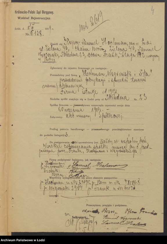 Obraz 6 z jednostki "Samuel Hochman, Samuel Węgrowski i S-ka- prowadzenie fabryki i sprzedaż towarów manufakturowych"