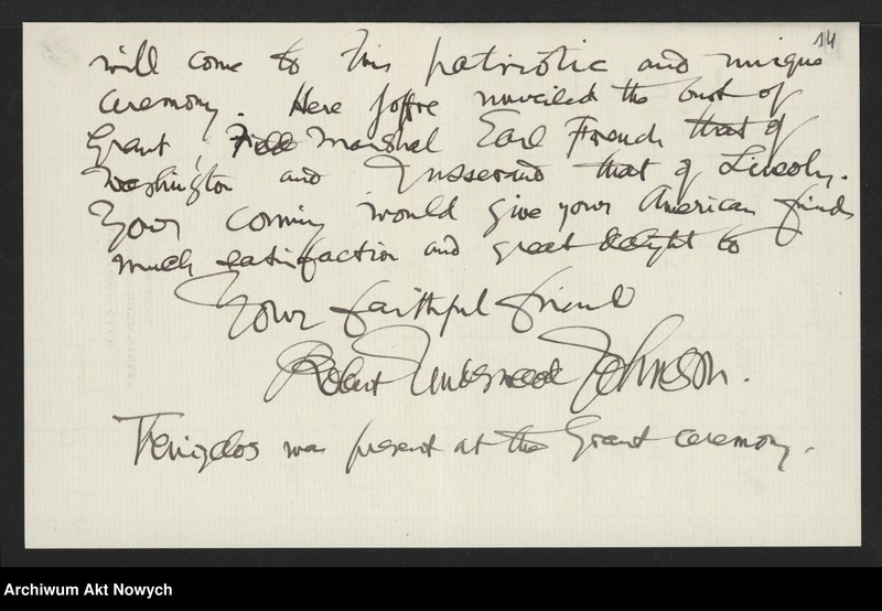 image.from.unit.number "Johnson Robert Underwood; Załączniki: a) "American Academy of Arts and Letters" (broszura); b) mowa R. U. Johnsona (maszynopis); c) wiersz "Woodrow Wilson"; d) wycinek prasowy; L.31 (odpowiedzi - rękopisy)"