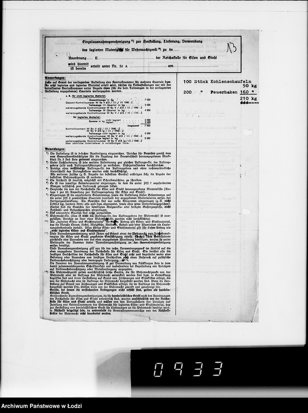 Obraz 15 z jednostki "Amt für Vewaltungsaufgaben der Luftwaffe Kriegsauftrag 49/41 A.z.V.100 Kohlenschaufeln. 200 Feuerhaken"
