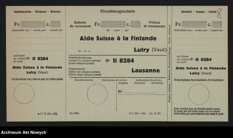image.from.unit.number "Aide Suisse à la Finlande; Załączniki: a) apel "Aux amis de la Finlande!" z dn. 15 IV 1940 r. (druk); b) "Aidez les Finlandais! Appel a tous les amis de la Finlande!" (druk); c) przekaz pocztowy "Aide Suisse a la Finlande""