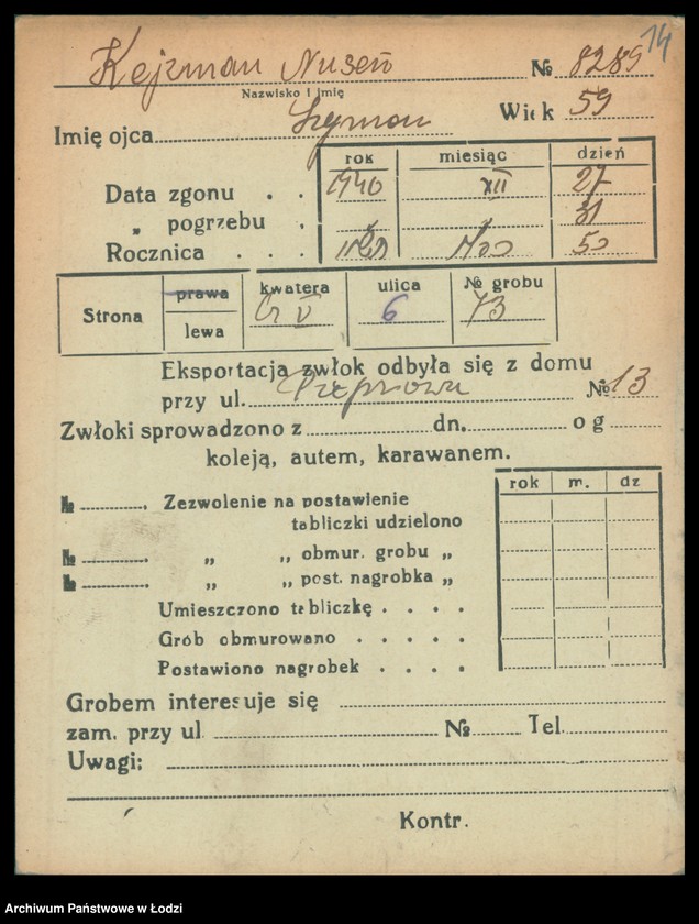 Obraz 15 z jednostki "Kartoteka osób pochowanych na cmentarzu żydowskim przy ulicy Brackiej w latach 1892-1951. Nazwiska na litery: Kei-Ki"