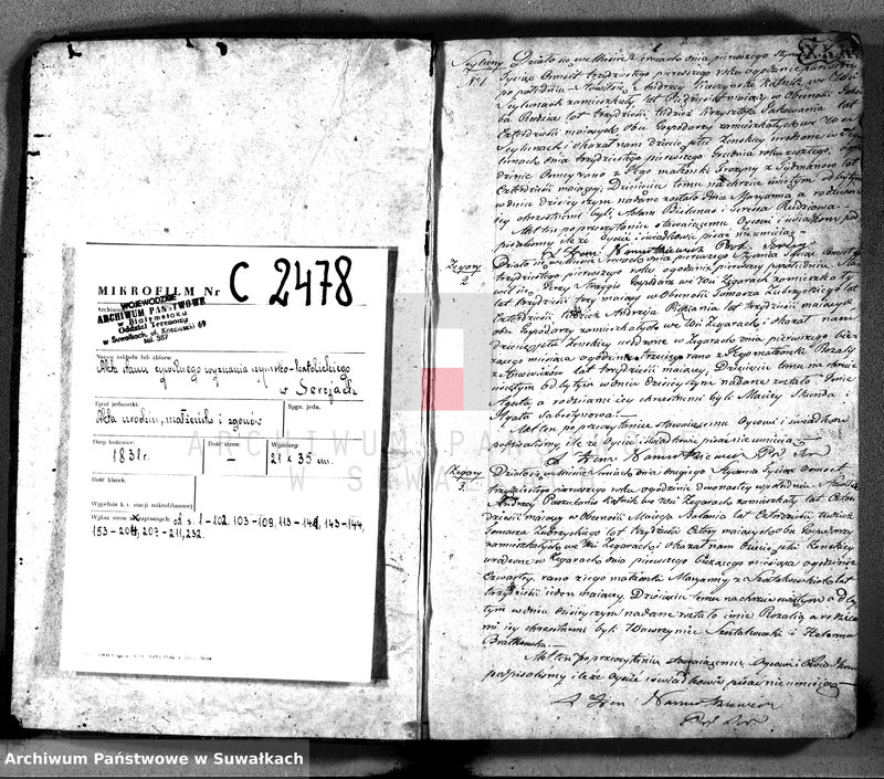 Obraz 3 z jednostki "Duplikat aktów urodzonych, zaślubionych i umarłych z roku 1831 parafiey sereyskiey w departamencie łozdziejskim, powiatu seyneńskiego, województwie augustowskim"