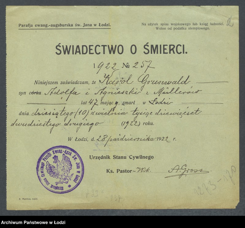 Obraz 4 z jednostki "Dowody metrykalne stałych mieszkańców m. Łodzi nr domu 1273-1274"