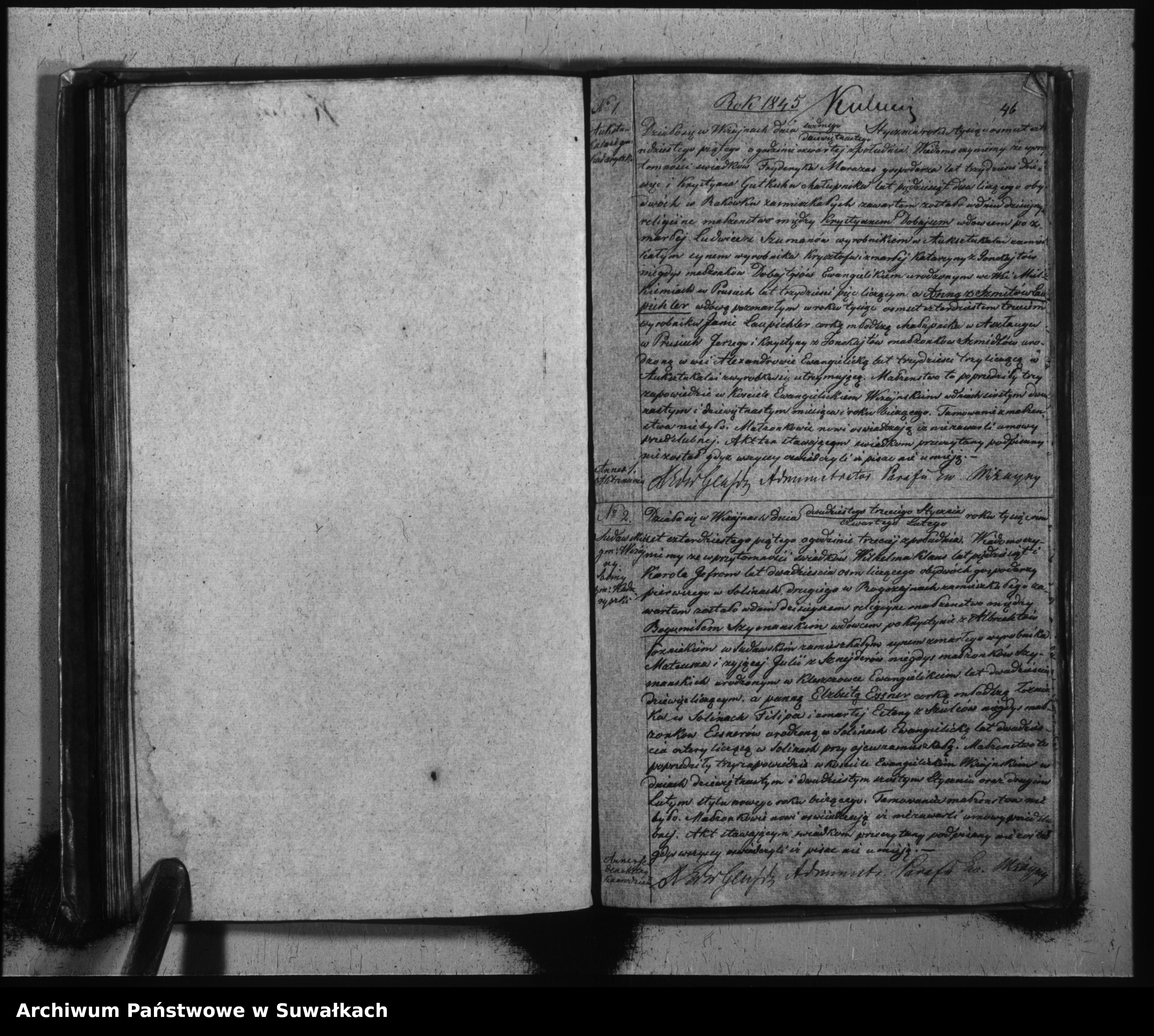 Skan z jednostki: Księga Duplikat do zapisywania aktów urodzeń, zmarłych i zaślubionych dla Parafii Ewangelickiey Wiżaynskiey na rok 1845