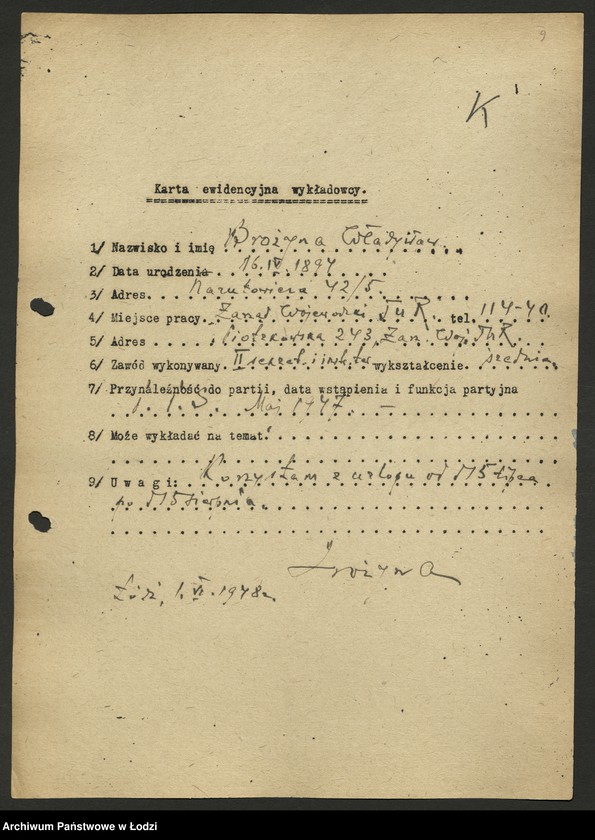 Obraz 10 z jednostki "Karty ewidencyjne wykładowców szkoły partyjnej /A-Z/"