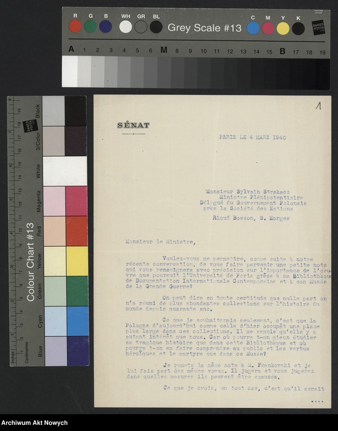 Obraz 3 z jednostki "Senator Republiki Francuskiej; Dotyczy materiałów do historii powszechnej i historii Polski znajdujących się w "Bibliotheque de Documentation Internationale Contemporaine" i "Musee de la Grande Guerre" Uniwersytetu Paryskiego; L.1"