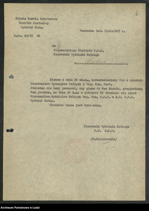 Obraz 7 z jednostki "Korespondencja [Wydziału z Wydziałem Rolnym] Komitetu Centralnego"