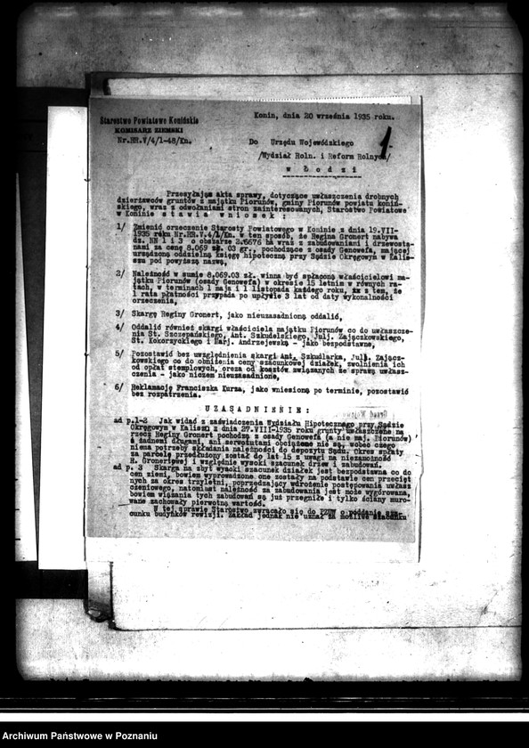 image.from.unit.number "Odwołanie L. Pułaskiego i R. Gronertowej od orzeczenia Starosty powiatu,konińskiego z 19.VIII.1935 r. w przedmiocie wykupu gruntów podlegających ustawie o ochronie drobnych dzierżawców"