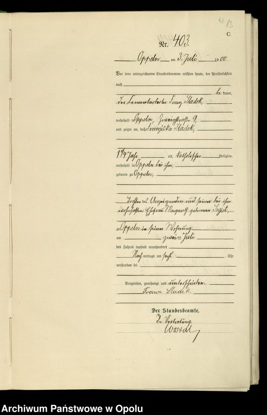 Obraz 16 z jednostki "Urząd Stanu Cywilnego w Opolu 1900 Rejestr zgonów Księga Miejscowa Nr 392 do 807"