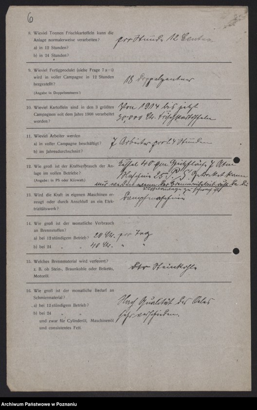 Obraz 8 z jednostki "[Kwestionariusze statystyczne dotyczące suszarni i krochmalni ziemniaków]"