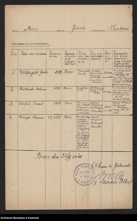 image.from.unit.number "Kwestionariusze Żydów z miejscowości: Baligród /30 IX 1940/, Baranów Sandomierski, Bieżanów, Biecz /25 i 29 IX 1940/, Błażowa, Bobowa /23 IX 1940/, Bochnia /15 XI 1940/, Boratyń /12 X 1940/, Borek Fałęcki /7 XI 1940/, Brzesko, Brzostek, Czudec."