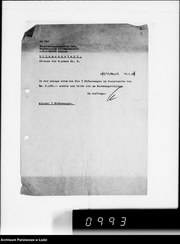 Obraz 5 z jednostki "H.T.O. [Korespondencja z Haupttreuhandstelle Ost w sprawach finansowych oraz majątku żydowskiego]"