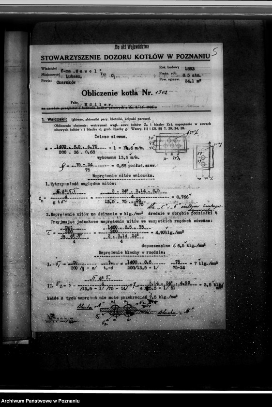 Obraz 8 z jednostki "Fabryka dywanów i chodników w Lubaszu pow. czarnkowski - St. Kluz nr fabryczny kotła 3102 nr woj. kotła 2952"