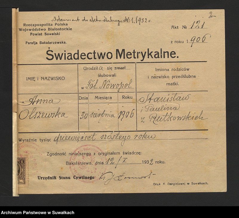 image.from.unit.number "Dokumenty przedstawione do ślubnych aktów stanu cywilnego sporządzonych w roku 1932 w parafji rzymsko-katolickiej Filipów"