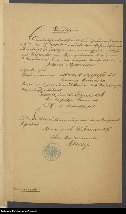 Obraz 9 z jednostki "Die von den Verlobten beigebrachten Urkunden zur Eheschliessung pro 1875"