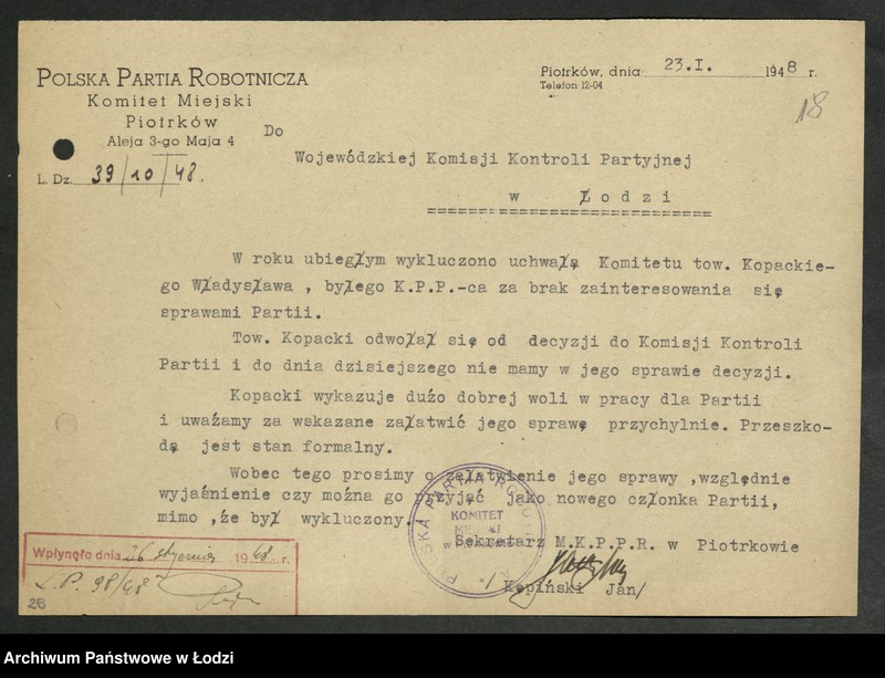 Obraz 19 z jednostki "Korespondencja z komitetami powiatowymi i miejskimi od P do Z"