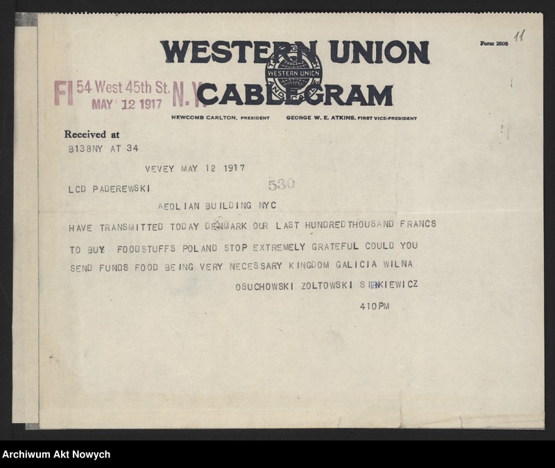 image.from.unit.number "Comité Général de Secours pour les Vctimes de la Guerre en Pologne. Apele oraz korespondencja I. J. Paderewskiego"