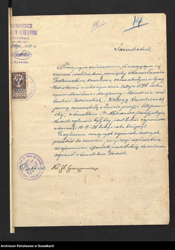 image.from.unit.number "Dokumenty przedstawione w roku 1922 do aktów ślubnych stanu cywilnego Filipowskiej R. Kat. parafji."