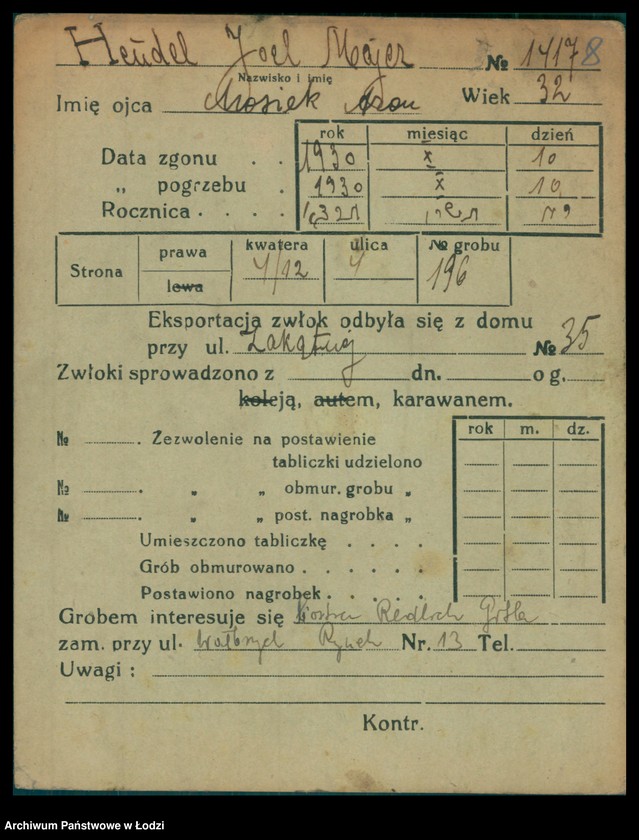 Obraz 9 z jednostki "Kartoteka osób pochowanych na cmentarzu żydowskim przy ulicy Brackiej w latach 1892-1955. Nazwiska na litery: Helmi-Hey"