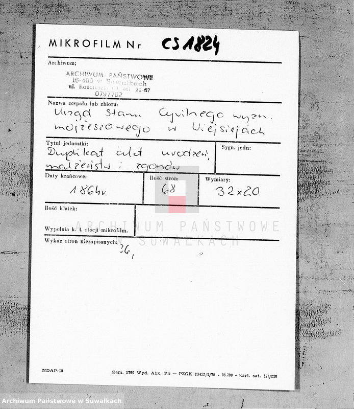 image.from.unit.number "Duplikat akt urodzonych, zaślubionych i zmarłych urzędnika Stanu Cywilnego wyznania mojżeszowego Okręgu Wiejsieje pro 1864"