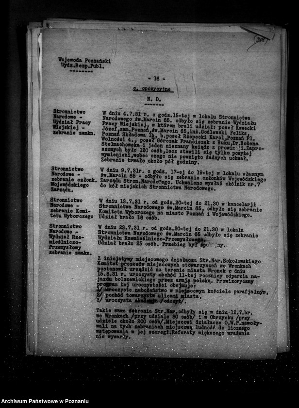 Obraz 20 z jednostki "Sprawozdania sytuacyjne z legalnego ruchu polityczno-społecznego za miesiące lipiec, sierpień, wrzesień 1931 r."