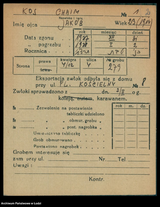Obraz 3 z jednostki "Kartoteka osób pochowanych na cmentarzu żydowskim przy ulicy Brackiej w latach 1892-1959. Nazwiska na litery: Kos-Kra"