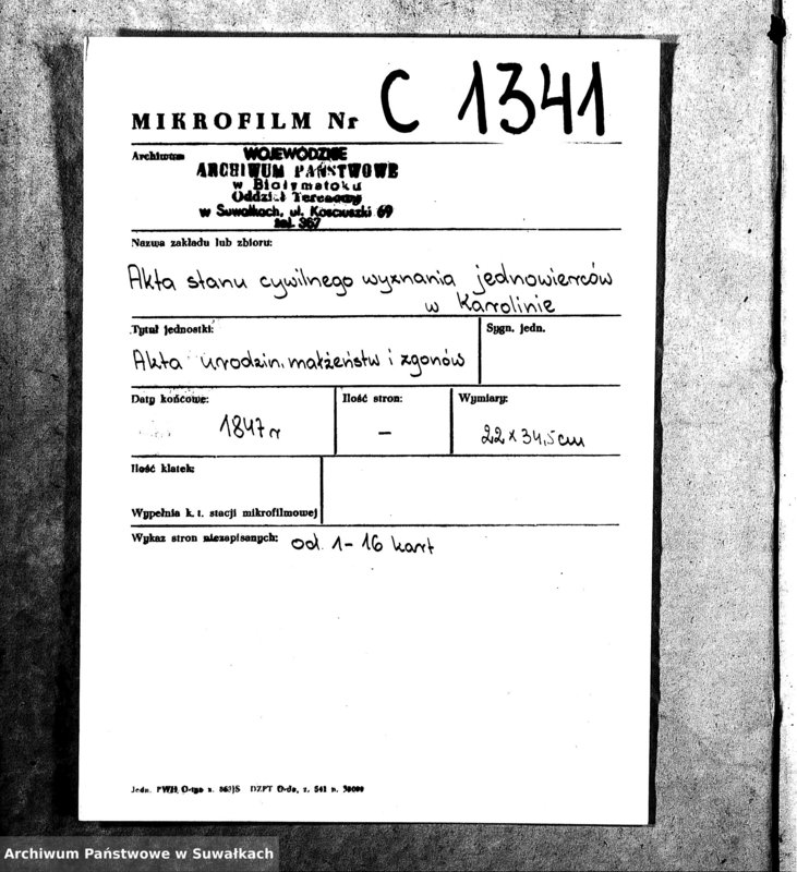 image.from.unit.number "Duplikat akt urodzonych, zaślubionych i zmarłych z r.1847 parafij jednowierców Karolin"