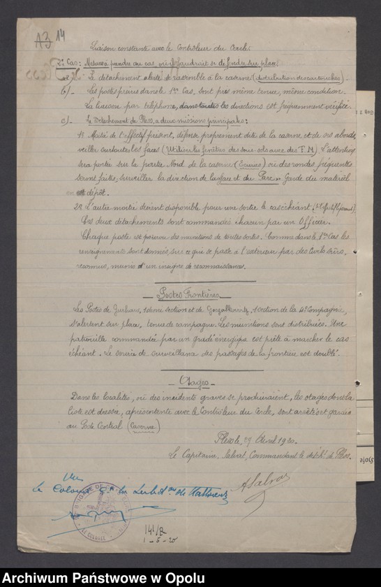 Obraz 15 z jednostki "/Plany obrony poszczególnych garnizonów przez oddziały wojsk francuskich na Górnym Śląsku na wypadek alarmu/"