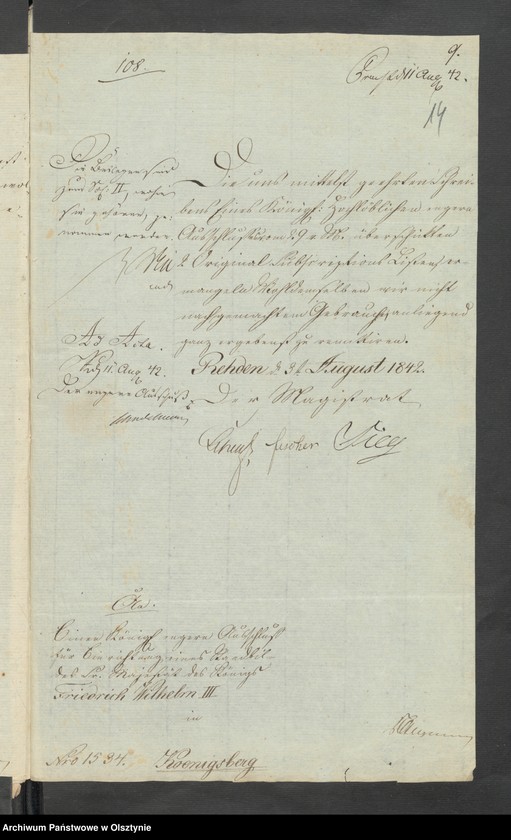 image.from.unit.number "Acta des engern Ausschußes für Errichtung eines Standbildes Sr. [Seiner] Majestät des Königes Friedrich Wilhelm des Dritten. Die Beitrags-Zeichungen in dem landrätlichen Graudenz [Grudziądz] Kreise"