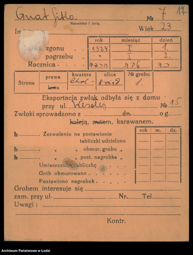 Obraz 18 z jednostki "Kartoteka osób pochowanych na cmentarzu żydowskim przy ulicy Brackiej w latach 1892-1955. Nazwiska na litery: Gl-Goldbe"